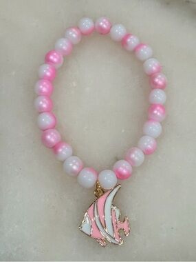 Pink and White Beaded Fish Charm Bracelet